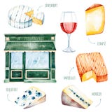 Waterverf smakelijke inzameling met verschillende Franse kaas royalty-vrije illustratie Waterverf smakelijke inzameling met verschillende Franse kaas royalty-vrije illustratie