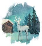 Waterverfdeers in avond bossmaragd glanzen stock illustratie Waterverfdeers in avond bossmaragd glanzen stock illustratie