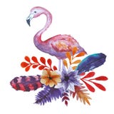 Waterverfflamingo en bloemen royalty-vrije illustratie Waterverfflamingo en bloemen royalty-vrije illustratie