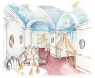 Waterverfschets van een klassiek binnenland van het zeevruchtenrestaurant vector illustratie Waterverfschets van een klassiek binnenland van het zeevruchtenrestaurant vector illustratie