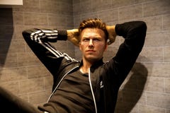 Wax figure of David Beckham soccer player in Madame Tussauds Wax museum in Amsterdam, Netherlands Royalty Free Stock Photos Wax figure of David Beckham soccer player in Madame Tussauds Wax museum in Amsterdam, Netherlands Royalty Free Stock Photos