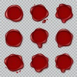 Wax seal. Original waxing rubber old vintage document envelope seals red approve stamps isolated vector 3d set stock illustration Wax seal. Original waxing rubber old vintage document envelope seals red approve stamps isolated vector 3d set stock illustration