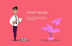 Smart vacuum cleaner. A man controls a vacuum cleaner using a smartphone, lying on a comfortable sofa. royalty free illustration Smart vacuum cleaner. A man controls a vacuum cleaner using a smartphone, lying on a comfortable sofa. royalty free illustration