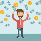 Young happy businessman with a lot of money. Business and financial success concept. Flat royalty free illustration Young happy businessman with a lot of money. Business and financial success concept. Flat royalty free illustration