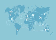 Airplane travel route with start point concept on world map