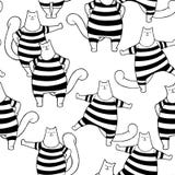 Seamless background. Coloring page. Funny cartoon cats in striped swimsuits.