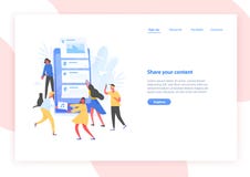 Web banner template with people and giant smartphone with posts on screen. Sharing content on social media, blogging and vector illustration Web banner template with people and giant smartphone with posts on screen. Sharing content on social media, blogging and vector illustration