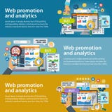 Web promotion and analytics of information. Set of banners in a flat style. Internet commerce, social networks, marketing and rese stock illustration Web promotion and analytics of information. Set of banners in a flat style. Internet commerce, social networks, marketing and rese stock illustration
