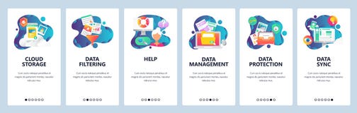 Web site onboarding screens. Computer and internet services, cloud storage and data sync. Menu vector banner template vector illustration Web site onboarding screens. Computer and internet services, cloud storage and data sync. Menu vector banner template vector illustration