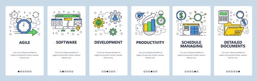 Web site onboarding screens. Software development and team management. Menu vector banner template for website and stock illustration Web site onboarding screens. Software development and team management. Menu vector banner template for website and stock illustration