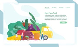 Websitemall med jätte- grönsaker, lastbil och mycket små folk eller bönder Organisk ny mat Jordbruk- eller lantgårdmarknad stock illustrationer Websitemall med jätte- grönsaker, lastbil och mycket små folk eller bönder Organisk ny mat Jordbruk- eller lantgårdmarknad stock illustrationer