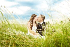 Wedding couple, bride and groom kissing in grass royalty free stock photography Wedding couple, bride and groom kissing in grass royalty free stock photography
