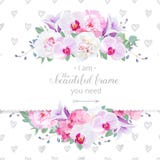 Wedding floral vector design horizontal card. Pink and white peony, purple orchid, hydrangea, violet campanula flowers frame