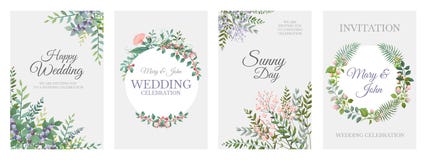 Wedding greenery posters. Green floral frame cards, trendy plants wreath and borders, vintage rustic elements. Vector