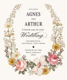 Wedding Invitation. Beautiful Flowers Chamomile Rose Hibiscus Mallow. Vintage Greeting Card. Frame Vector. Drawing Engraving. Stock Photos Wedding Invitation. Beautiful Flowers Chamomile Rose Hibiscus Mallow. Vintage Greeting Card. Frame Vector. Drawing Engraving. Stock Photos