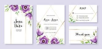 Wedding Invitation card, save the date, thank you, rsvp template. Vector. purple lisianthus flower. Watercolor style.