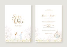 Wedding Invitation, save the date, thank you, rsvp card Design template. Bride and groom go to church wedding ceremony.