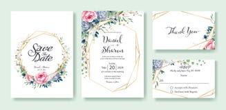 Wedding Invitation, save the date, thank you, RSVP card Design template. Queen of Sweden rose flower, leaves, succulent plant, Ane