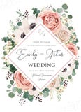 Wedding invite, invitation, save the date card floral design. Pink Rose flower, blush dusty Anemone flowers, eucalyptus silver,