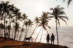 Wedding travel. Silhouette of lovers at sunset. Honeymoon trip. Man and woman on the beach. Lovers among palm trees. Young couple stock images Wedding travel. Silhouette of lovers at sunset. Honeymoon trip. Man and woman on the beach. Lovers among palm trees. Young couple stock images