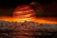 Weergeven van de vreemde planeet van ruimte tijdens zijn twee manenstijging stock illustratie Weergeven van de vreemde planeet van ruimte tijdens zijn twee manenstijging stock illustratie