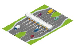 Wegtol Tolweg tollson De controlepost van de wegbetaling met tolbarrières op de weg, de auto's en de vrachtwagens Vlakke 3d royalty-vrije illustratie Wegtol Tolweg tollson De controlepost van de wegbetaling met tolbarrières op de weg, de auto's en de vrachtwagens Vlakke 3d royalty-vrije illustratie