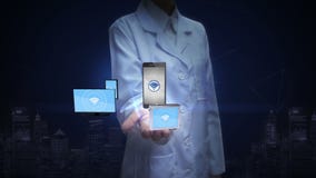 Weiblicher Forscher, Ingenieur, offene Palme Doktors, intelligente Anteil wi-FI-Funktion mit tragbaren Geräten, IOT-Technologie vektor abbildung Weiblicher Forscher, Ingenieur, offene Palme Doktors, intelligente Anteil wi-FI-Funktion mit tragbaren Geräten, IOT-Technologie vektor abbildung