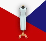 Weibliches Kleid auf dem Mannequin Verspotten Sie oben für Demonstration auf geometrischem Hintergrundmuster Stockbilder Weibliches Kleid auf dem Mannequin Verspotten Sie oben für Demonstration auf geometrischem Hintergrundmuster Stockbilder