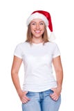 Weihnachtsfrau im weißen T-Shirt lizenzfreie stockfotografie Weihnachtsfrau im weißen T-Shirt lizenzfreie stockfotografie