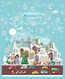 Weihnachtswünsche aus Irland Moderne Vektorgrußkarte in der flachen Art mit Schneeflocken, Winterstadt, Dekorationen, Autos und h lizenzfreie abbildung Weihnachtswünsche aus Irland Moderne Vektorgrußkarte in der flachen Art mit Schneeflocken, Winterstadt, Dekorationen, Autos und h lizenzfreie abbildung