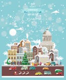 Weihnachtswünsche von Kuba Moderne Vektorgrußkarte in der flachen Art mit Schneeflocken, Winterstadt, Dekorationen, Autos und hap stock abbildung Weihnachtswünsche von Kuba Moderne Vektorgrußkarte in der flachen Art mit Schneeflocken, Winterstadt, Dekorationen, Autos und hap stock abbildung