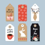Weinlese-Weihnachtsgeschenktags eingestellt Hand gezeichnete Aufkleber mit Häschen, Rotwild, Eisbären, Tasse Kaffee und Winterblu Stockfoto Weinlese-Weihnachtsgeschenktags eingestellt Hand gezeichnete Aufkleber mit Häschen, Rotwild, Eisbären, Tasse Kaffee und Winterblu Stockfoto