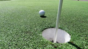 Weißer Golfball, der Flaggenstock schlägt und in Loch auf Übungsgrün fällt stock footage Weißer Golfball, der Flaggenstock schlägt und in Loch auf Übungsgrün fällt stock footage