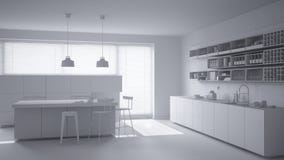 Weißes totalprojekt der minimalistic Küche mit Insel und Schemeln, des großen Fensters und der hängenden Lampen, moderner Archite vektor abbildung Weißes totalprojekt der minimalistic Küche mit Insel und Schemeln, des großen Fensters und der hängenden Lampen, moderner Archite vektor abbildung