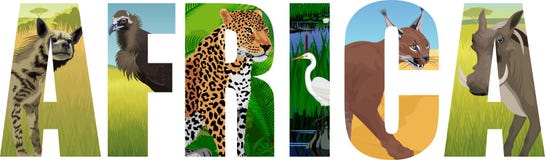 Wektorowa Afryka ilustracja z lampartem, sępem, Wielkiego bielu czaplą, warthog, pasiastym hieny, karakala i błonia, ilustracji Wektorowa Afryka ilustracja z lampartem, sępem, Wielkiego bielu czaplą, warthog, pasiastym hieny, karakala i błonia, ilustracji