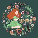 Wektorowa dziewczyna otaczaj?ca ro?linami i kwiatami Pisa? list: Hej lato ilustracja wektor Wektorowa dziewczyna otaczaj?ca ro?linami i kwiatami Pisa? list: Hej lato ilustracja wektor