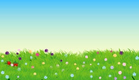 Wektorowa ilustracja pogodna łąka z zieloną trawą i kwiatami ilustracja wektor Wektorowa ilustracja pogodna łąka z zieloną trawą i kwiatami ilustracja wektor