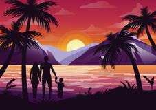 Wektorowa ilustracja rodzinna sylwetka z matką, ojcem i dzieciakiem na plaży pod drzewkiem palmowym na zmierzchu, ilustracja wektor Wektorowa ilustracja rodzinna sylwetka z matką, ojcem i dzieciakiem na plaży pod drzewkiem palmowym na zmierzchu, ilustracja wektor