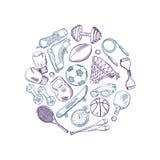 Wektorowa ręka rysujący sporta wyposażenia elementy okrążają pojęcie ilustrację royalty ilustracja Wektorowa ręka rysujący sporta wyposażenia elementy okrążają pojęcie ilustrację royalty ilustracja