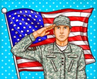 Wektorowa wystrzał sztuki ilustracja dla dnia pamięci - męski żołnierz przeciw flaga amerykańskiej ilustracja wektor Wektorowa wystrzał sztuki ilustracja dla dnia pamięci - męski żołnierz przeciw flaga amerykańskiej ilustracja wektor