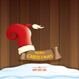 Wektorowy czerwony Santa kapelusz z papierowymi tekstów Wesoło bożymi narodzeniami i Szczęśliwym nowym rokiem na drewnianym tle s ilustracji Wektorowy czerwony Santa kapelusz z papierowymi tekstów Wesoło bożymi narodzeniami i Szczęśliwym nowym rokiem na drewnianym tle s ilustracji