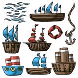 Wektorowy ilustracyjny ustawiający różnorodnego kreskówka statku lifebuoy kotwicowy morze macha royalty ilustracja Wektorowy ilustracyjny ustawiający różnorodnego kreskówka statku lifebuoy kotwicowy morze macha royalty ilustracja