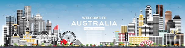 Welcome to Australia Skyline with Gray Buildings and Blue Sky stock illustration Welcome to Australia Skyline with Gray Buildings and Blue Sky stock illustration