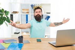 Welcome to my kingdom. King of office. Head of department. Man bearded manager businessman entrepreneur wear crown. Top royalty free stock image Welcome to my kingdom. King of office. Head of department. Man bearded manager businessman entrepreneur wear crown. Top royalty free stock image