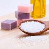 Welnness spa objects soap and bath salt closeup Stock Photos Welnness spa objects soap and bath salt closeup Stock Photos