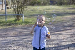Wenig Schlagblasen des netten Jungen im Park lizenzfreies stockbild Wenig Schlagblasen des netten Jungen im Park lizenzfreies stockbild
