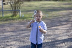 Wenig Schlagblasen des netten Jungen im Park stockbilder Wenig Schlagblasen des netten Jungen im Park stockbilder