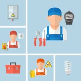 Werkende mannelijke elektricien met elektrohulpmiddelen stock illustratie Werkende mannelijke elektricien met elektrohulpmiddelen stock illustratie