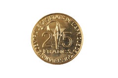 Westafrikanische Münze des Franken goldene 25 auf einem weißen Hintergrund stockbilder Westafrikanische Münze des Franken goldene 25 auf einem weißen Hintergrund stockbilder