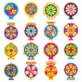 Wheel of fortune. Turning lucky spin game wheels, spinning money roulette isolated flat vector set royalty free illustration Wheel of fortune. Turning lucky spin game wheels, spinning money roulette isolated flat vector set royalty free illustration